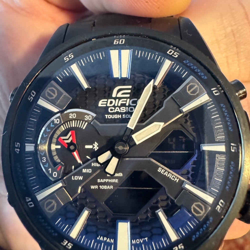 Casio Edifice quartz men’s watch. Clack face. No scratches and never adjusted.